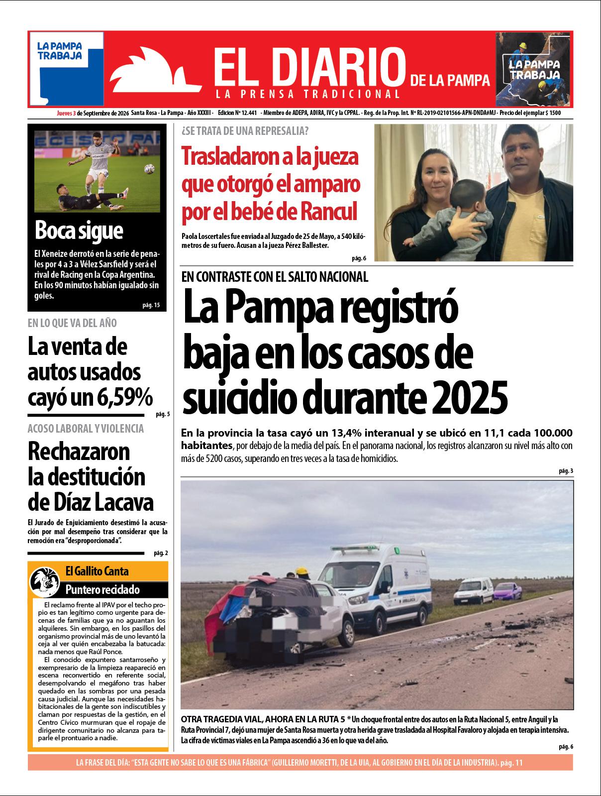 Tapa de El Diario en papel  jueves 03 de septiembre de 2026
